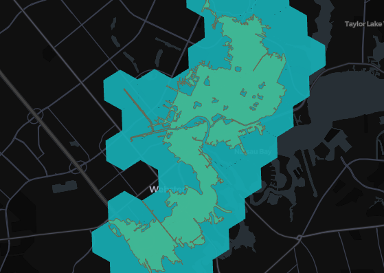 H3 cells at level 8 overlapping a FEMA Flood plain polygon near Houston Texas