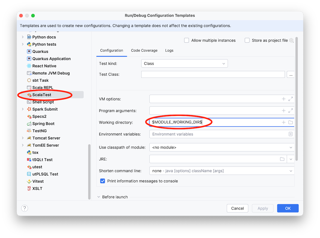 Set ScalaTest Working directory